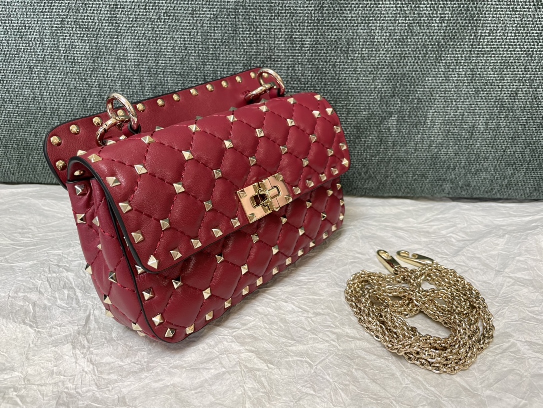 Valentino Garavani Rockstud Spike Small Chain Bag in Burgundy Supple Lambskin Nappa